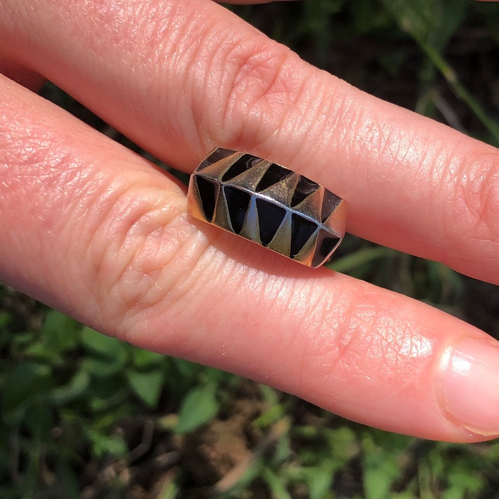 Gold + Black Triangular Patterned Modern Ring - image 3